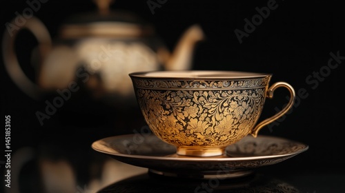 Golden teacup with ornate design,  elegant and luxurious