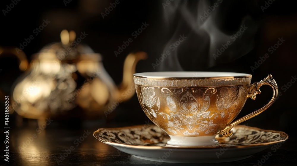 Fototapeta premium Golden teacup with steam rising, beside a teapot