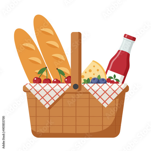 Picnic basket with bread cheese berries and juice vector illustration summer outdoor food concept