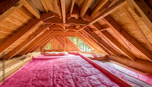 Attic insulation provides energy efficiency, comfort. Pink fiberglass blankets between wooden rafters. Home improvement concept. Use for construction, DIY.
