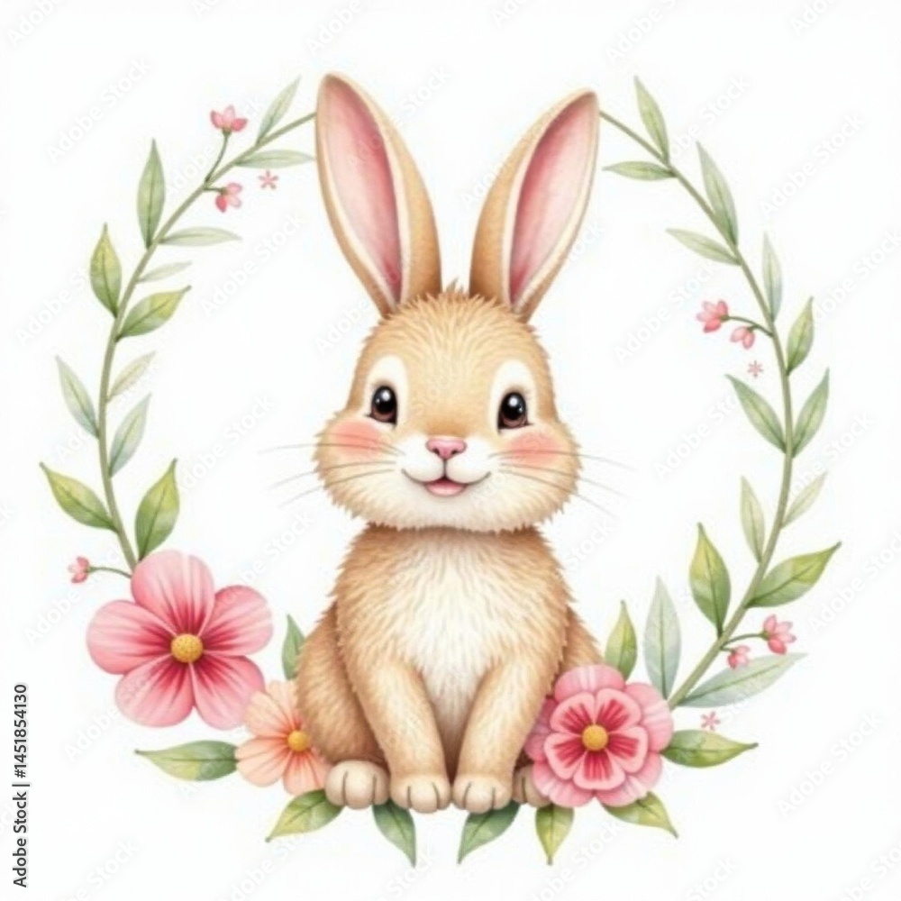 Fototapeta premium Adorable bunny in floral wreath, watercolor style, garden, whiskers