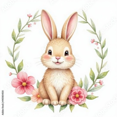 Adorable bunny in floral wreath, watercolor style, garden, whiskers
