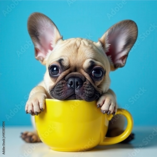 Adorable Frenchie cradles warm drink in yellow mug against blue, dog, tea, design element