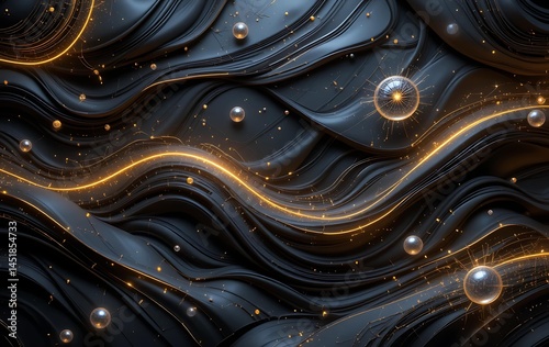 3D Render, Abstract Black And Gold Background, Liquid Waves With Golden Elements