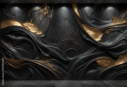 3D Render, Abstract Black And Gold Background, Liquid Waves With Golden Elements
