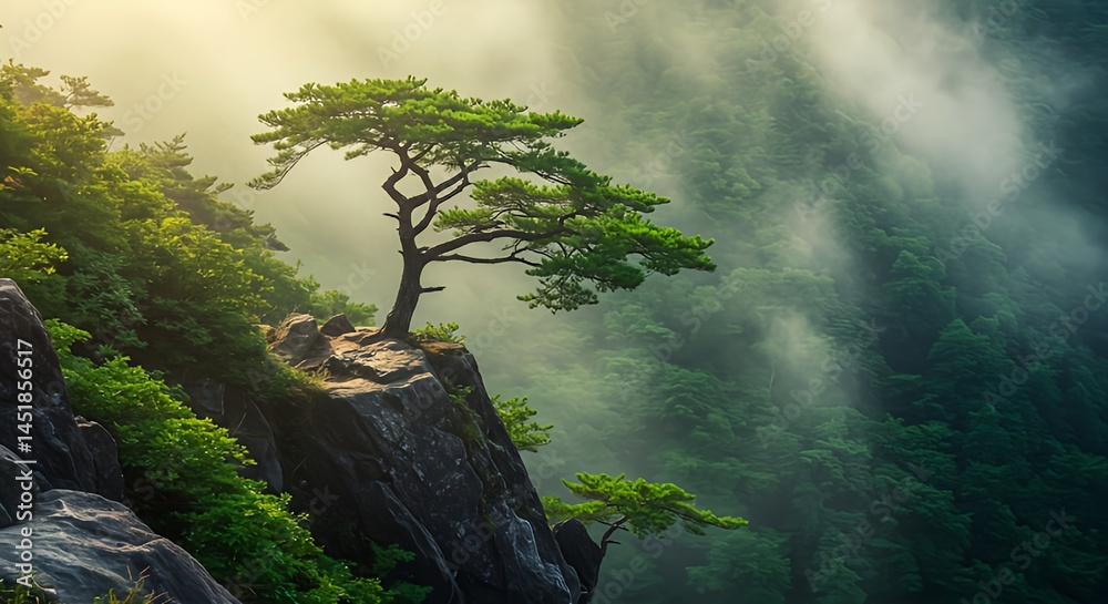 Fototapeta premium A lonely tree stands on a cliff above a precipice shrouded in fog, colorful illustration