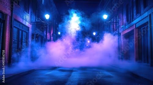 Neon lights and spotlights shine down on an empty street as smoke drifts through the air, evoking a sense of mystery and drama in a studio setting.