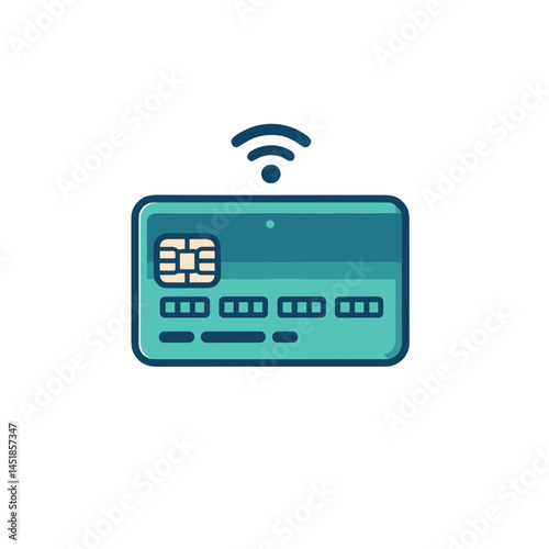 vector credit card icon with contactless payment feature in teal colors, copy space