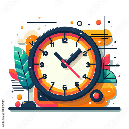 colorful vector wall clock illustration with abstract background and nature elements, copy space