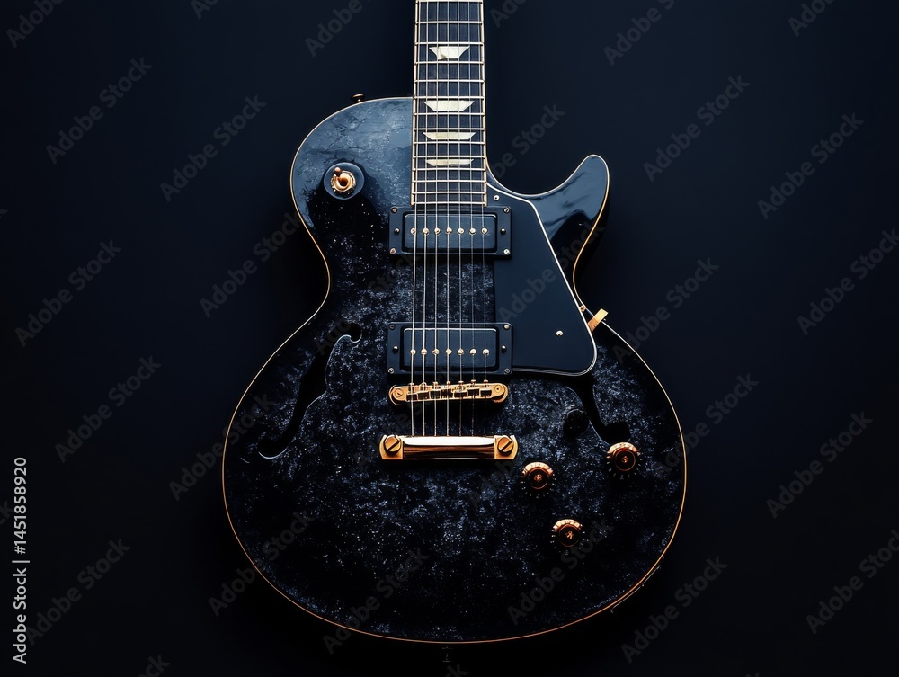 Fototapeta premium Elegant Les Paul: A Black and Gold Electric Guitar with a Marble Pattern Finish, Showcasing String Vibrations and Musical Instruments.