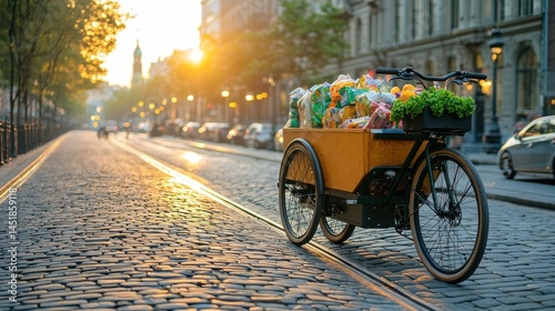 Colorful Cargo Bike on Cobblestone Street at Sunset