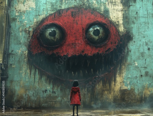Girl in Red Coat Confronts a Monstrous Wall Painting: An encounter with urban decay and childhood fear, blurring the lines between reality and nightmarish imagination.