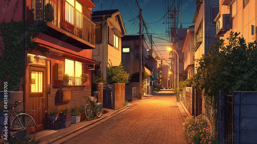 Fototapeta premium Serene Evening View of a Residential Street in Tokyo Anime Style