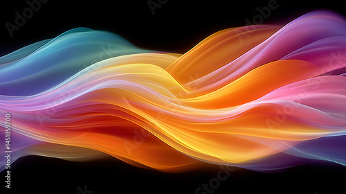 Abstract background multicolored light ribbons moving horizontally in a graceful wave motion