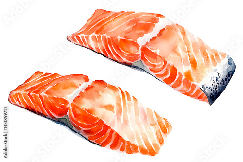 watercolor painting Salmon set isolated on white background.
