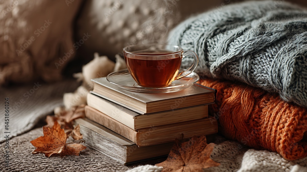 Fototapeta premium Tea and books with fall colors