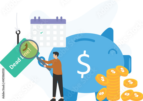 An accountant managing a savings deadline with a piggy bank and calendar, ensuring that financial goals are met on time. The calendar highlights the deadline date, while the piggy bank represents the 