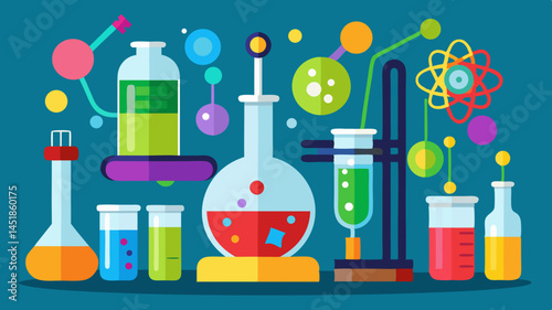 Illustration depicting colorful science lab equipment with various liquids inside