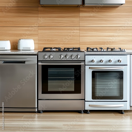 Modern Kitchen Appliance Showcase: Dishwasher, Gas Stoves, and Toasters Against Wooden Backdrop for Culinary Style and Functional Design
