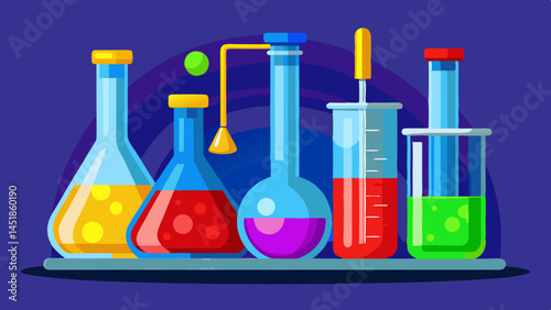 Illustration of chemistry lab with various flasks and colorful liquid solutions