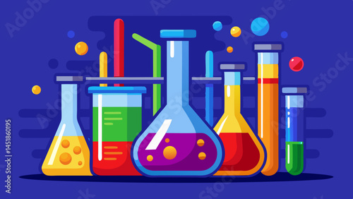 Illustration of laboratory glassware filled with colorful liquids on blue background