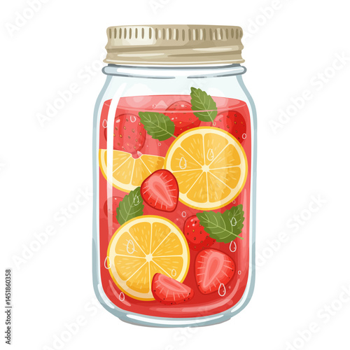 Strawberry lemon infused water in jar, summer fruit drink, healthy beverage, refreshing cocktail recipe
