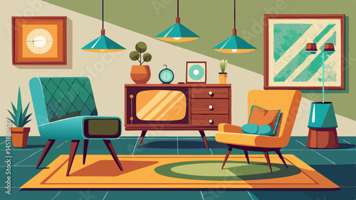 Illustration of a retro living room with furniture and decorations in warm colors