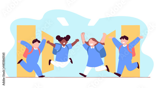 Four students joyfully exiting a building with backpacks and raised arms happily
