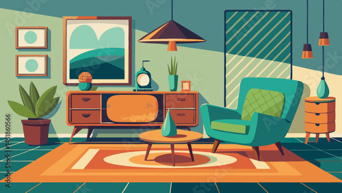 Retro styled living room interior with furniture and decorative elements shown