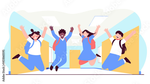 Four students jumping in school hallway with backpacks and arms raised in joy