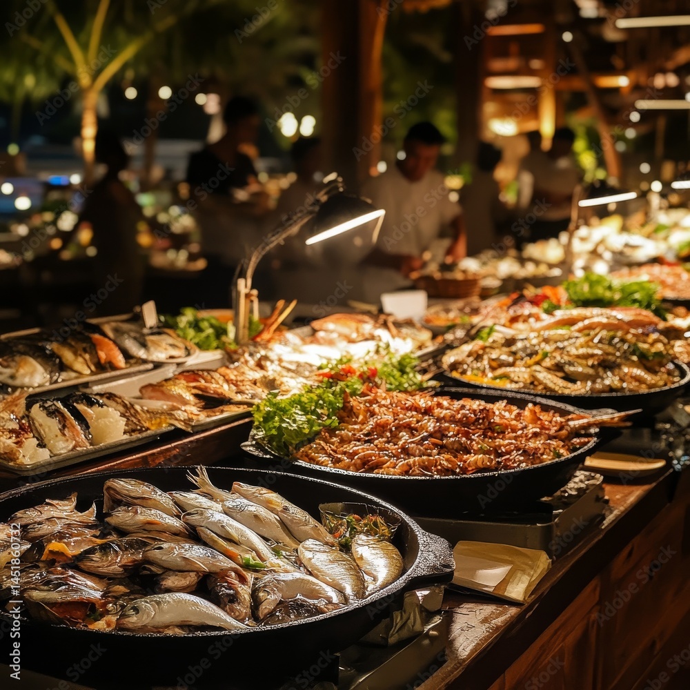 Obraz premium Seafood Extravaganza: An Abundance of Grilled and Raw Fish Delights at a Restaurant Buffet Table, Lit Up Under Warm Tones at Night, Ready for Customers.