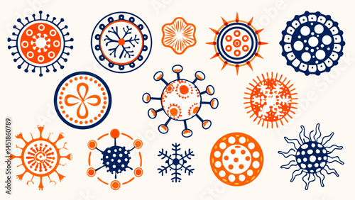 Collection of stylized circular designs in orange and blue on a white background