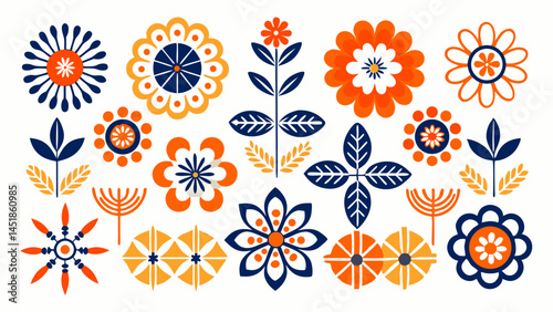 A collection of stylized flowers in orange and blue arranged symmetrically well spaced