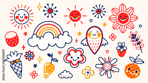 Illustration of suns rainbow clouds flowers and fruits with happy faces design