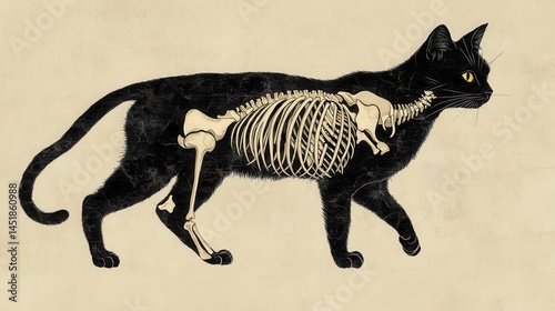 An illustration of a black cat with a striking skeletal design visible throughout its body. photo