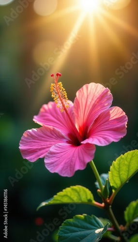 Pink hibiscus blossoms backlit, sun rays filtering through , sunlight, sunlit bloom, image