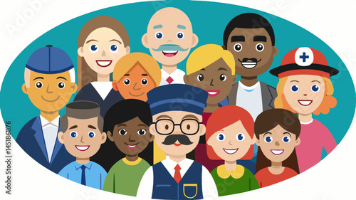 Diverse group of cartoon people in various professions smiling together oval frame