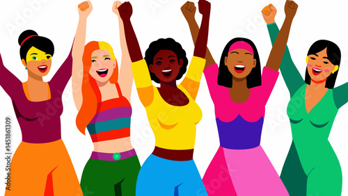 Group of diverse women celebrating with raised arms and joyful expressions shown