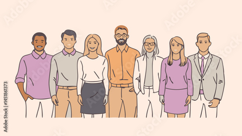 Group of seven diverse people standing together in a professional environment pose