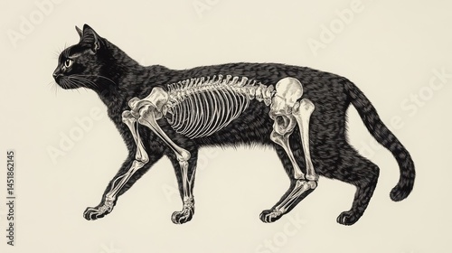 An illustration of a black cat with a striking skeletal design visible throughout its body. photo