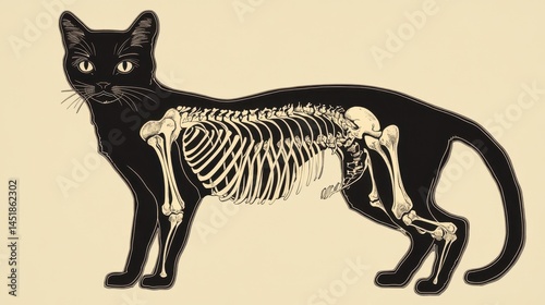 An illustration of a black cat with a striking skeletal design visible throughout its body. photo