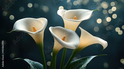 Elegant white Calla lilies in a dark backdrop