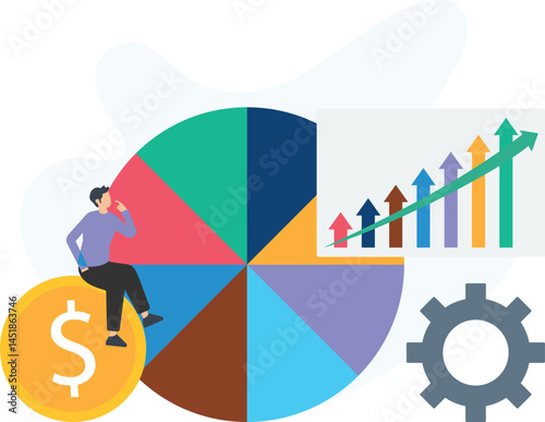 Businessman analyzing financial growth or performance metrics, reviewing charts or data visualizations, interpreting pie graph or market distribution, evaluating revenue trends or profit margins, asse