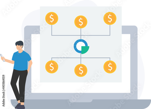 Businessman analyzing financial budget or budget allocation, reviewing figures or financial data on laptop screen, assessing expenses or income distribution, tracking cash flow or expenditure patterns