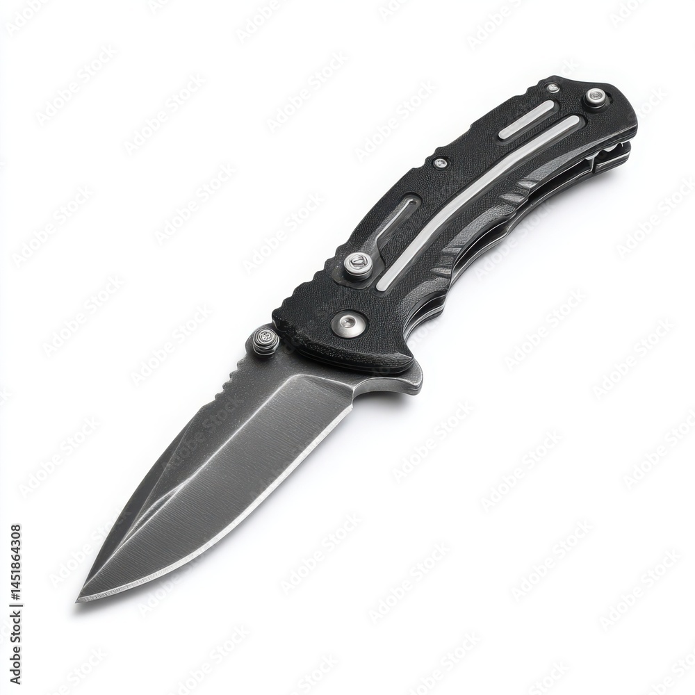 Obraz premium Folding Pocket Knife with Black Handle and Serrated Blade on White Background