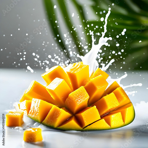 Mango fruit with splash of milk, cut into cubes, fresh and juicy