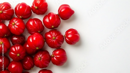 Top down view of bright red Surinam cherries star like ridges placed on white background unique tropical fruit introduced into USA specialty food culture cut out on isolated transparent background