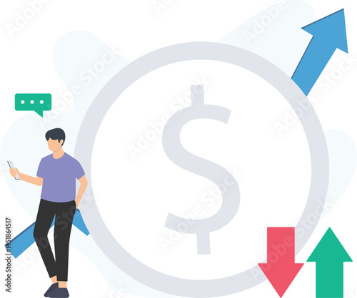 Trader analyzing US dollar currency exchange rate fluctuation or forex trends, monitoring live data or real-time market prices on smartphone, assessing price movement or volatility, evaluating market 