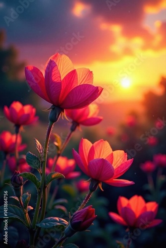 Sunset hues paint cosmos petals, vibrant blooms against fiery sky, golden hour, orange
