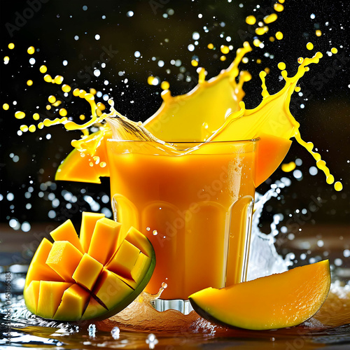 Mango fruit with splash of milk, cut into cubes, fresh and juicy